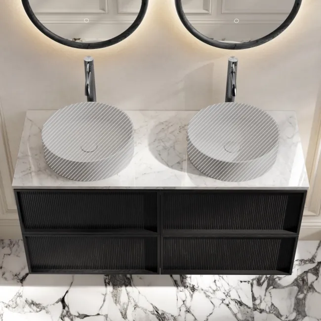 Bora Black Oak Wall Hung Vanity Drawer with Carrara Marble Top 1200mm - Basin Not Included