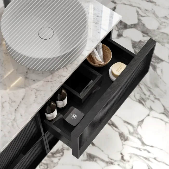 Bora Black Oak Wall Hung Vanity Drawer with Carrara Marble Top 1200mm - Basin Not Included