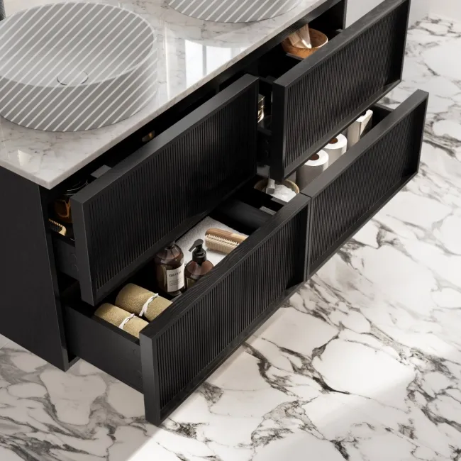Bora Black Oak Wall Hung Vanity Drawer with Carrara Marble Top 1200mm - Basin Not Included