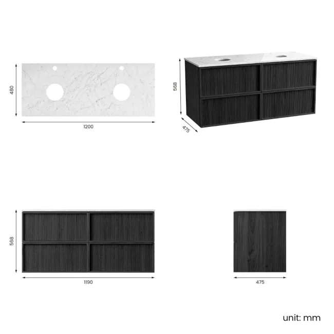 Bora Black Oak Wall Hung Vanity Drawer with Carrara Marble Top 1200mm - Basin Not Included