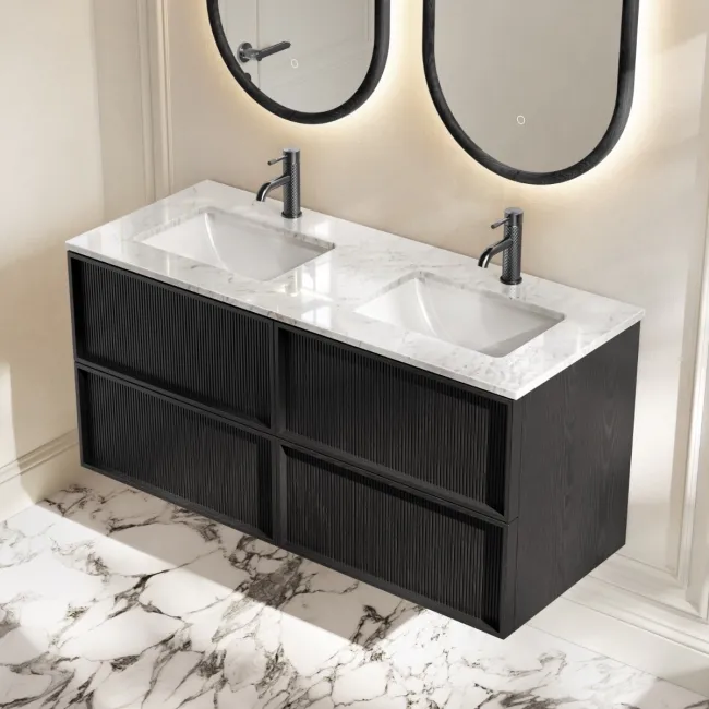 Bora Black Oak Carrara Marble Wall Hung Vanity Drawer & Undermount Basin 1200mm