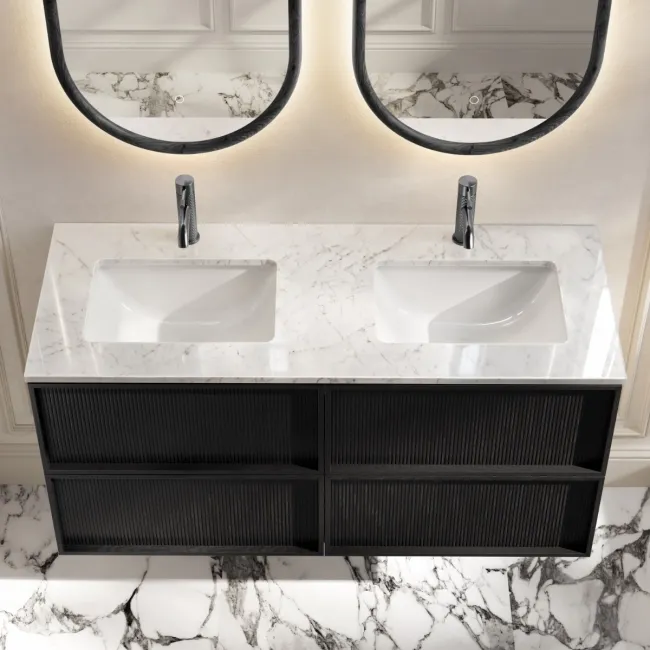 Bora Black Oak Carrara Marble Wall Hung Vanity Drawer & Undermount Basin 1200mm