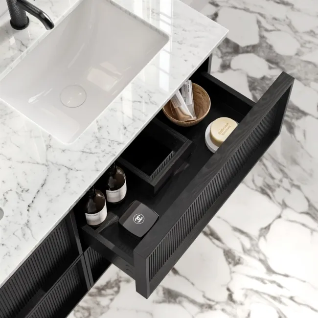 Bora Black Oak Carrara Marble Wall Hung Vanity Drawer & Undermount Basin 1200mm