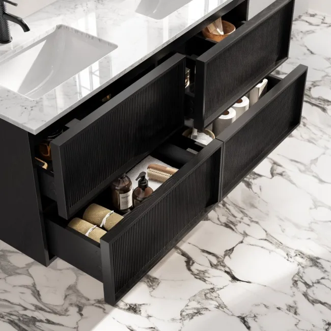 Bora Black Oak Carrara Marble Wall Hung Vanity Drawer & Undermount Basin 1200mm