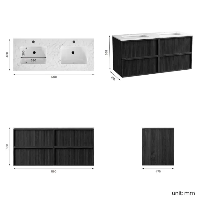 Bora Black Oak Carrara Marble Wall Hung Vanity Drawer & Undermount Basin 1200mm