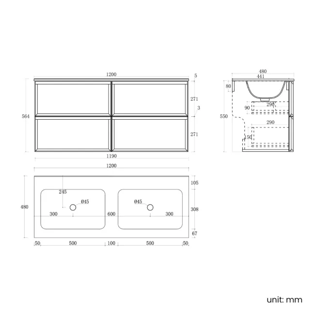 Kos Black Oak Wall Hung Basin Drawer Vanity 1200mm