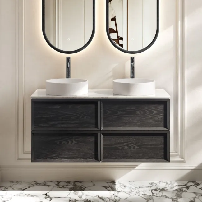 Kos Black Oak Wall Hung Vanity Drawer with Carrara Marble Top 1200mm - Basin Not Included