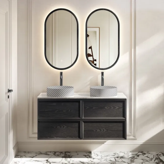 Kos Black Oak Wall Hung Vanity Drawer with Carrara Marble Top 1200mm - Basin Not Included
