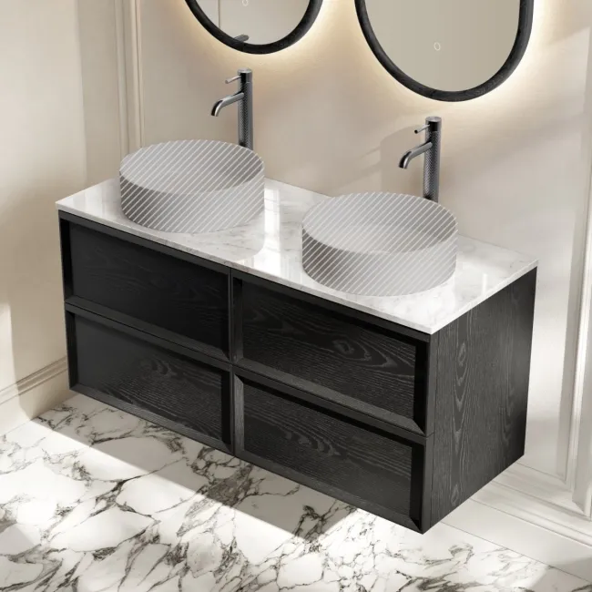 Kos Black Oak Wall Hung Vanity Drawer with Carrara Marble Top 1200mm - Basin Not Included
