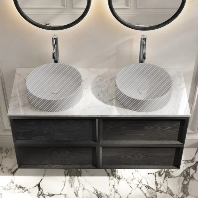 Kos Black Oak Wall Hung Vanity Drawer with Carrara Marble Top 1200mm - Basin Not Included