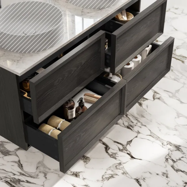 Kos Black Oak Wall Hung Vanity Drawer with Carrara Marble Top 1200mm - Basin Not Included