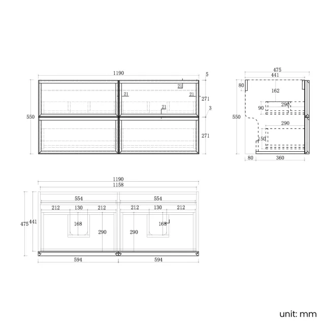 Kos Black Oak Wall Hung Vanity Drawer with Carrara Marble Top 1200mm - Basin Not Included