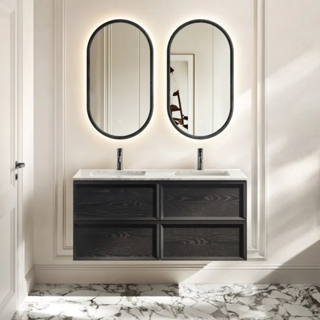 Kos Black Oak Carrara Marble Wall Hung Vanity Drawer & Undermount Basin 1200mm