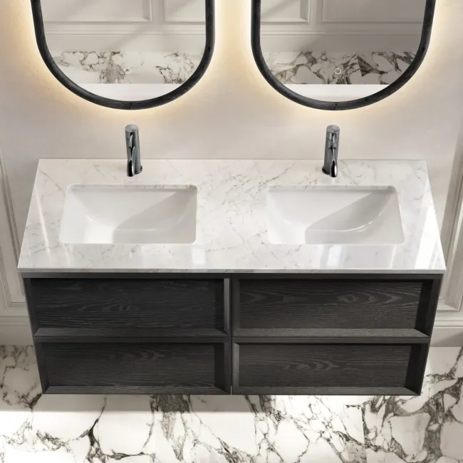 Kos Black Oak Carrara Marble Wall Hung Vanity Drawer & Undermount Basin 1200mm