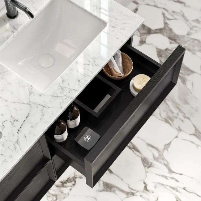 Kos Black Oak Carrara Marble Wall Hung Vanity Drawer & Undermount Basin 1200mm