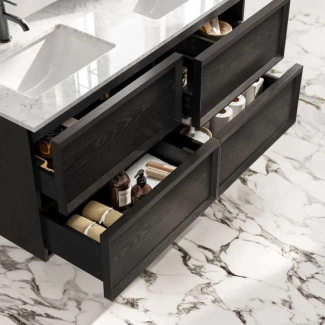 Kos Black Oak Carrara Marble Wall Hung Vanity Drawer & Undermount Basin 1200mm
