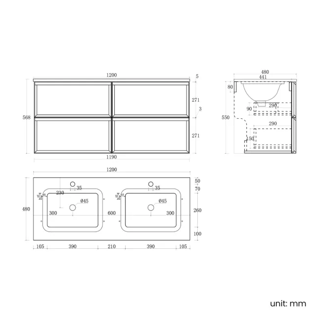 Kos Black Oak Carrara Marble Wall Hung Vanity Drawer & Undermount Basin 1200mm