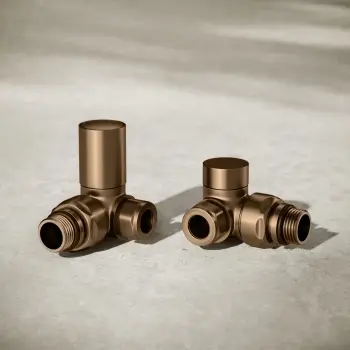 Brushed Copper Angled Radiator Valves and lockshield pack (Pair) Standard 15mm