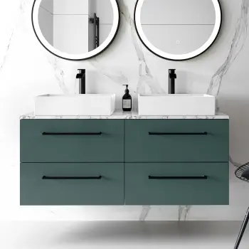 Elba Midnight Green Double Wall Hung Drawer Vanity with Marble Top & Cody Basin 1200mm - Black Accents