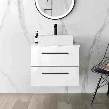 Elba Gloss White Wall Hung Drawer Vanity with Marble Top & Cody Basin 600mm - Black Accents