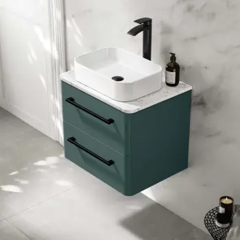 Omaha Mystic Green Wall Hung Drawer Vanity with Marble Top & Marin Basin 600mm - Black Accents