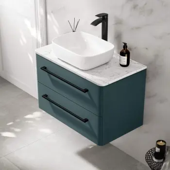 Omaha Mystic Green Wall Hung Drawer Vanity with Marble Top & Curved Counter Top Basin 800mm - Black Accents