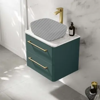 Omaha Mystic Green Wall Hung Drawer Vanity with Marble Top 600mm (Excludes Counter Top Basin) - Brushed Brass Accents
