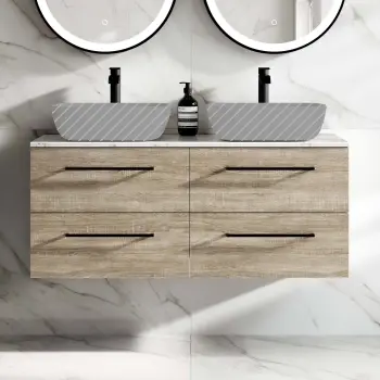 Elba Dawn Oak Wall Hung Drawer with Marble Top 1200mm Excludes Basins - Black Accents