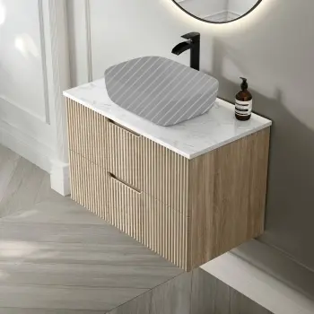Crete Fluted Apex Oak Wall Hung Drawer Vanity with Marble Top 800mm - Excludes Counter Top Basin