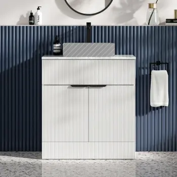 Havana Fluted Coastal White Cabinet with Marble Top 800mm (Excludes Counter Top Basin) - Black Accents