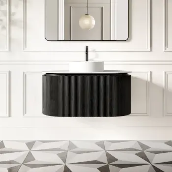 Positano Black Oak Curved Wall Hung Vanity Drawer with Matt White Stone Top 1000mm - Basin Not Included