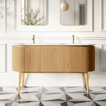 Positano Natural Oak Curved Vanity Unit & Matt White Double Stone Basin 1500mm
