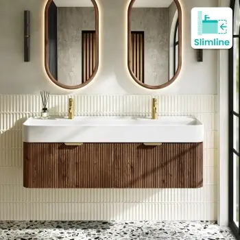 Cayman Natural Walnut Wall Hung Slimline Basin Drawer Vanity 1200mm - Brushed Brass Accents