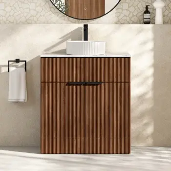 Havana Fluted Black Walnut Cabinet with Marble Top & Nevis Basin 800mm - Black Accents
