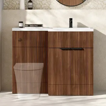 Havana Fluted Black Walnut Basin Vanity and Back To Wall Toilet Unit 1100mm (Excludes Toilet) - Black Accents - Right Handed