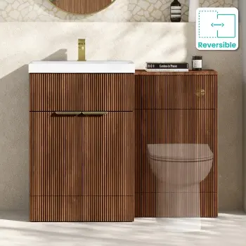 Havana Fluted Black Walnut Basin Vanity and Back To Wall Toilet Unit 1100mm (Excludes Toilet) - Brushed Brass Accents