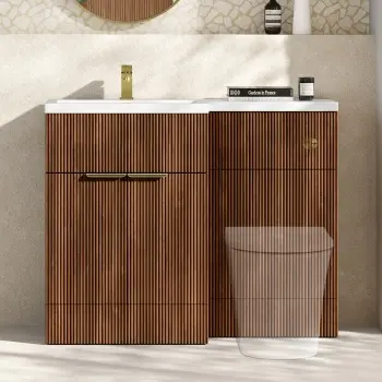 Havana Fluted Black Walnut Basin Vanity and Back To Wall Toilet Unit 1100mm (Excludes Toilet) - Brushed Brass Accents - Left Handed