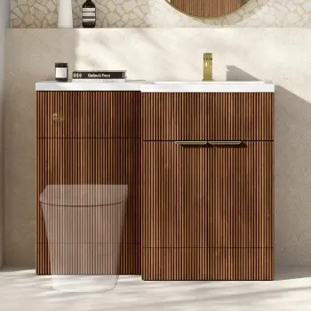 Havana Fluted Black Walnut Basin Vanity and Back To Wall Toilet Unit 1100mm (Excludes Toilet) - Brushed Brass Accents - Right Handed