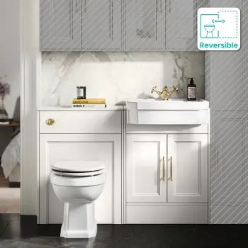 Monaco Cotton White Combination Vanity Traditional Basin and Hudson Toilet with Wooden Seat 1200mm - Brass Knurled Handles