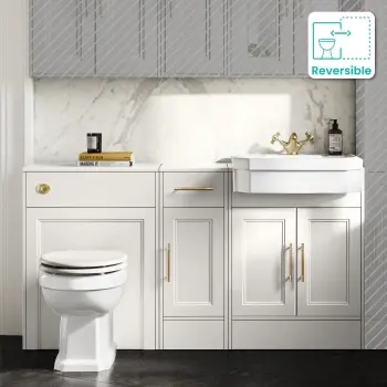 Monaco Cotton White Combination Vanity Traditional Basin and Hudson Toilet with Wooden Seat 1500mm - Brass Knurled Handles