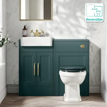 Monaco Mystic Green Combination Vanity Basin and Hudson Toilet with Wooden Seat 1000mm - Brass Knurled Handles