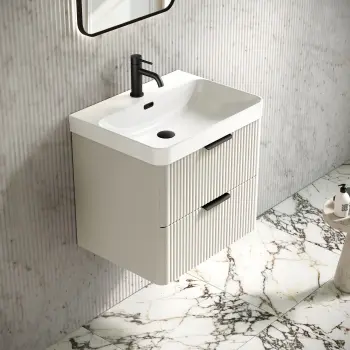 Cadiz Fluted Linen White Wall Hung Basin Drawer Vanity 600mm - Black Accents