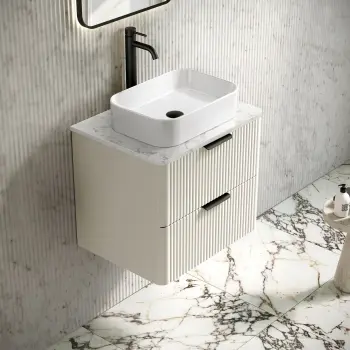 Cadiz Fluted Linen White Wall Hung Drawer Vanity with Marble Top 600mm (Excludes Basin) - Black Accents