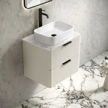 Cadiz Fluted Linen White Wall Hung Drawer Vanity with Marble Top & Marin Basin 600mm - Black Accents