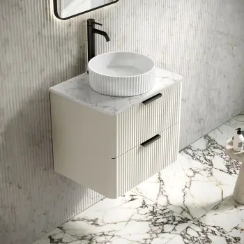 Cadiz Fluted Linen White Wall Hung Drawer Vanity with Marble Top & Nevis Basin 600mm - Black Accents