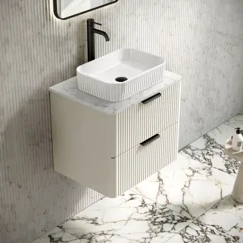 Cadiz Fluted Linen White Wall Hung Drawer Vanity with Marble Top & Reno Basin 600mm - Black Accents