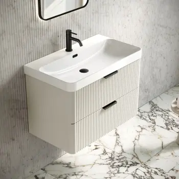 Cadiz Fluted Linen White Wall Hung Basin Drawer Vanity 800mm - Black Accents