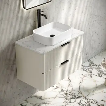 Cadiz Fluted Linen White Wall Hung Drawer Vanity with Marble Top & Marin Basin 800mm - Black Accents