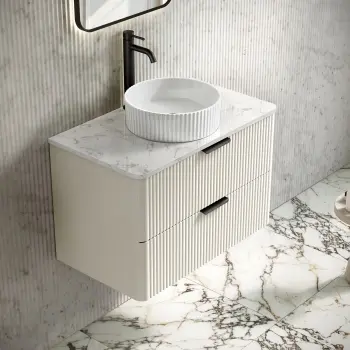 Cadiz Fluted Linen White Wall Hung Drawer Vanity with Marble Top & Nevis Basin 800mm - Black Accents