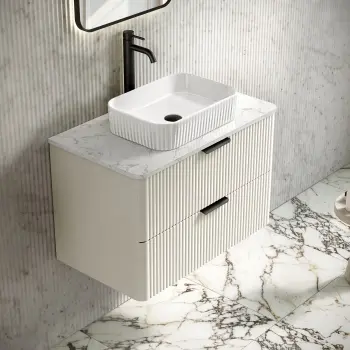 Cadiz Fluted Linen White Wall Hung Drawer Vanity with Marble Top & Reno Basin 800mm - Black Accents
